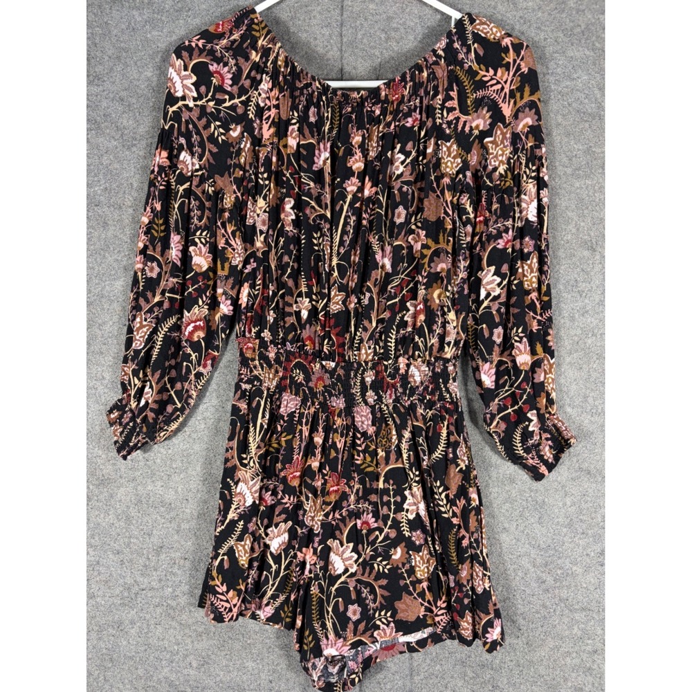 Free People Floral Long Sleeve Romper Black Pink XS Cutout Back Smocked Waist